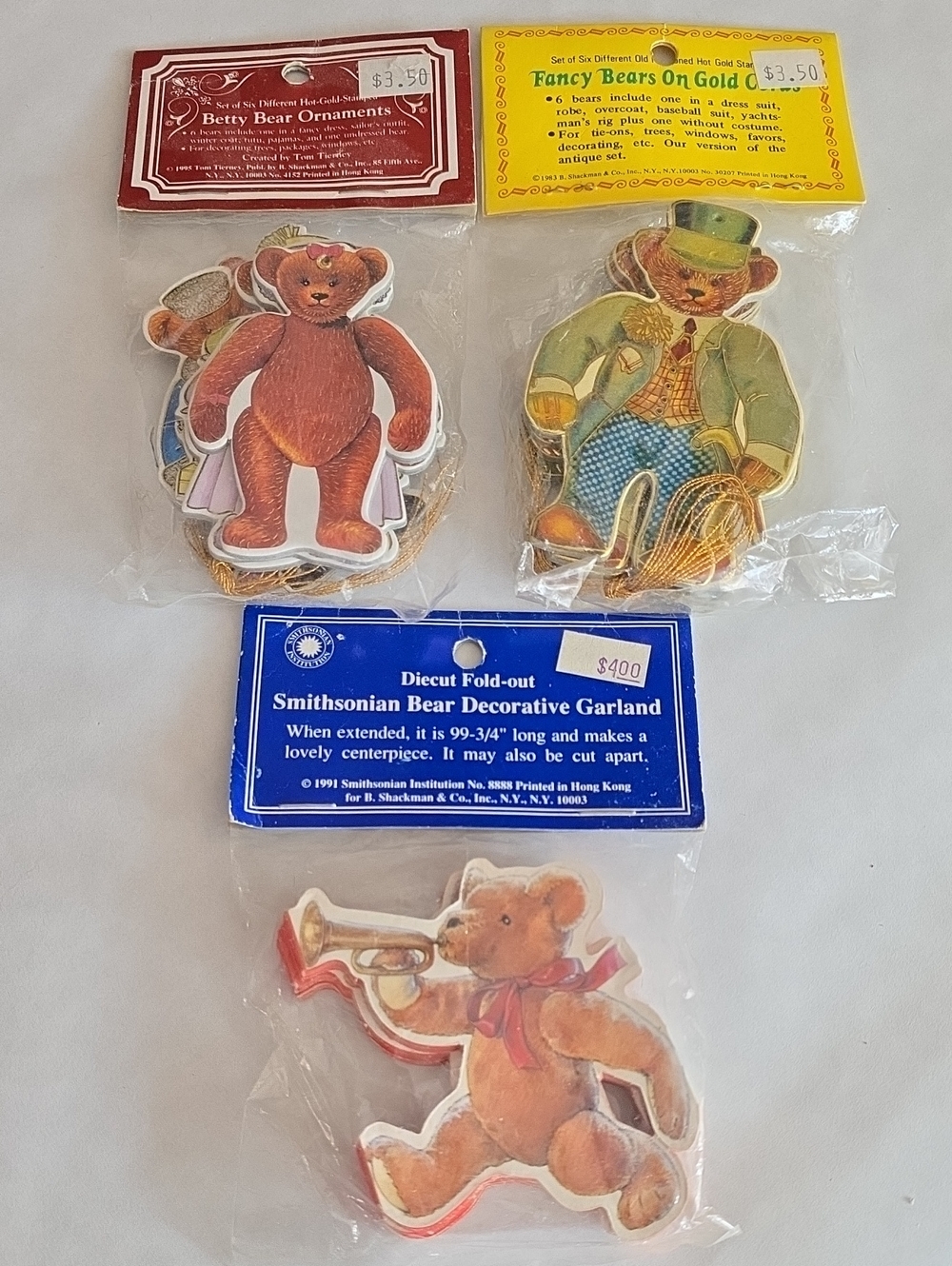 Vtg Teddy Bear Holiday Die Cut Ornament Lot - 1983, 1991 & 1995